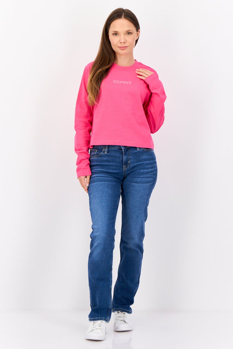 ESPRIT Women Crew Neck Long Sleeve Brand Logo Top, Fuchsia - Image 4