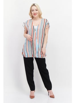 Women V Neck Tie Sleeve Striped Blouse, White - pzsku/Z022EE82E93103DC86EF6Z/45/_/1726109149/1274ba27-c1d3-4746-929b-9c718b042f28