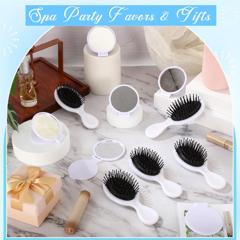 Meanplan 24 Pcs Mini Hair Brush Set 12 Travel Wet Dry Hair Combs Pocket Detangling 12 Compact Folding Makeup Mirrors for Spa Sleepover Birthday Bridal Shower Bachelorette Christmas Party Gift(White) - Image 4