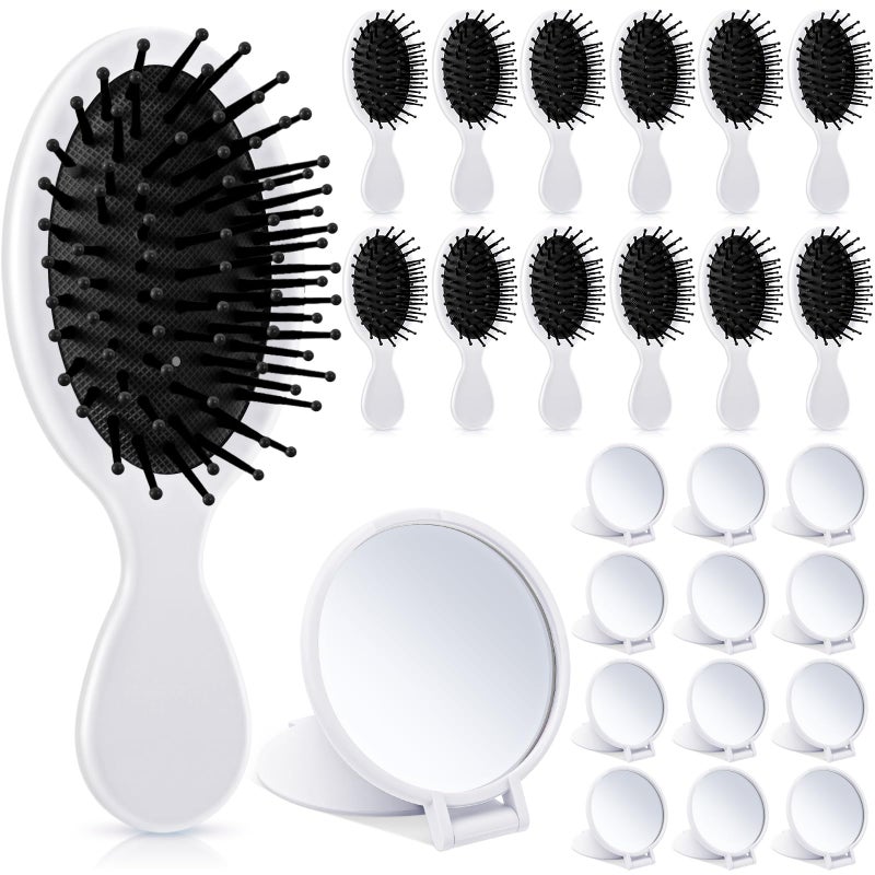 Meanplan 24 Pcs Mini Hair Brush Set 12 Travel Wet Dry Hair Combs Pocket Detangling 12 Compact Folding Makeup Mirrors for Spa Sleepover Birthday Bridal Shower Bachelorette Christmas Party Gift(White) - Image 1