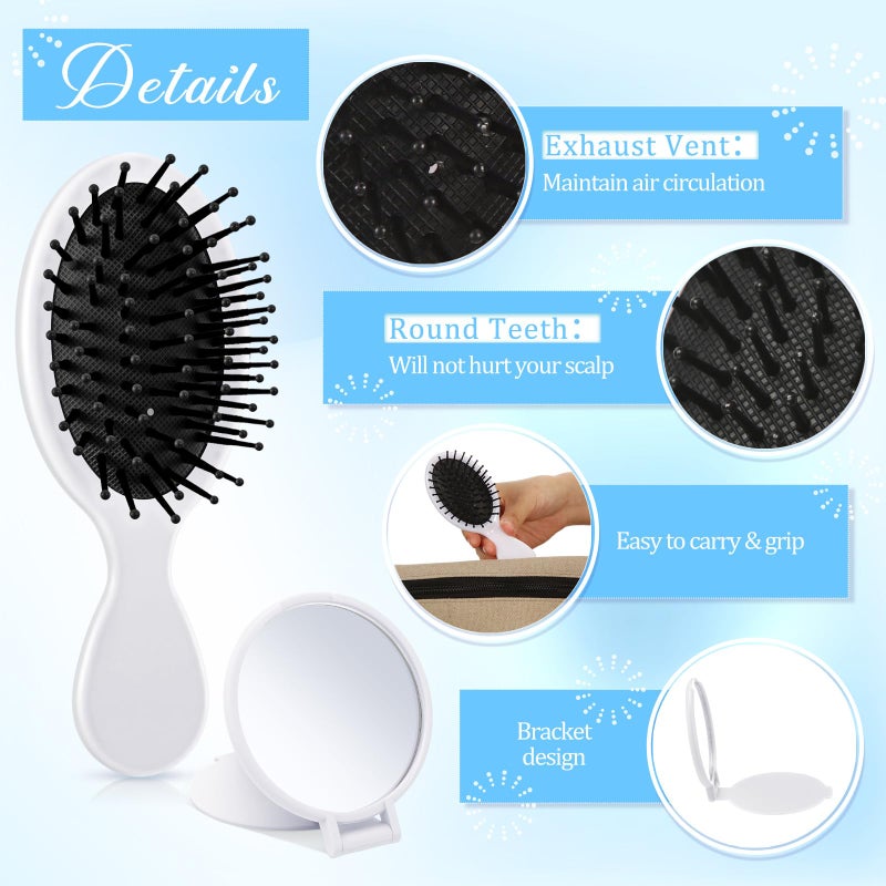 Meanplan 24 Pcs Mini Hair Brush Set 12 Travel Wet Dry Hair Combs Pocket Detangling 12 Compact Folding Makeup Mirrors for Spa Sleepover Birthday Bridal Shower Bachelorette Christmas Party Gift(White) - Image 3