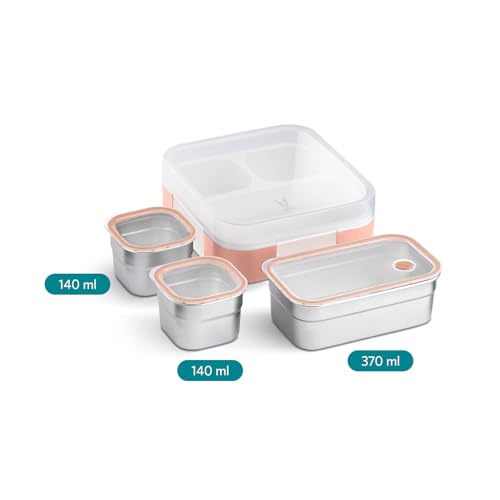 VAYA Tydbyt Lunch Box for Office Use, Tiffin Box for Women Stainless Steel with 3 Containers, Slim Compact & Travel Friendly Bento Box, Easy to Carry Design, Coral Crush - Image 3