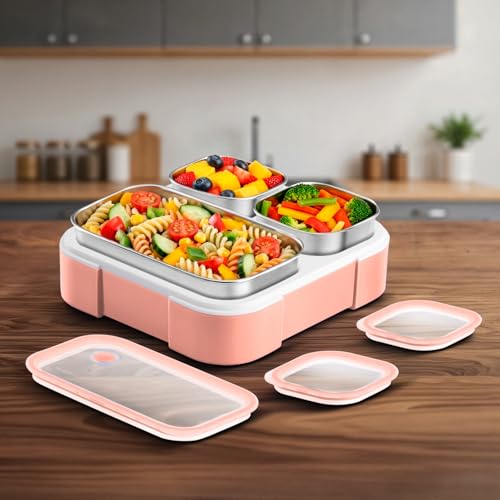 VAYA Tydbyt Lunch Box for Office Use, Tiffin Box for Women Stainless Steel with 3 Containers, Slim Compact & Travel Friendly Bento Box, Easy to Carry Design, Coral Crush - Image 2