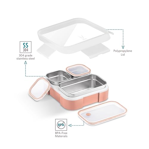 VAYA Tydbyt Lunch Box for Office Use, Tiffin Box for Women Stainless Steel with 3 Containers, Slim Compact & Travel Friendly Bento Box, Easy to Carry Design, Coral Crush - Image 4