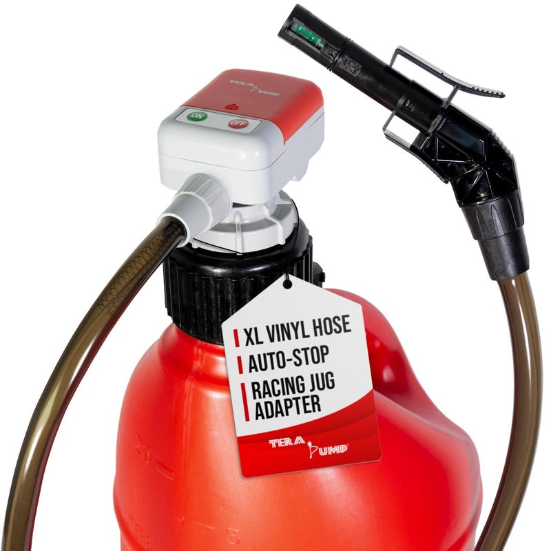 TERA PUMP Next Generation RainResistant Gas Fuel Pump  425ft Long Vinyl Hose BatteryPowered Electric Siphon Pump with Auto Stop System for Fuel Cells Tractors Generators and Snow Blowers