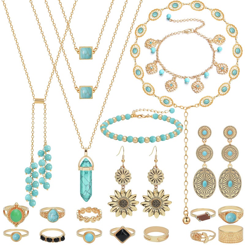 NEWITIN 21 Pieces Gold Bohemian Jewelry Set for Women Fashion Costume Jewels Turquoise Necklace Bracelet Ring Belt Chain Earrings Western Turquoise Jewelry Set for Women - Image 1