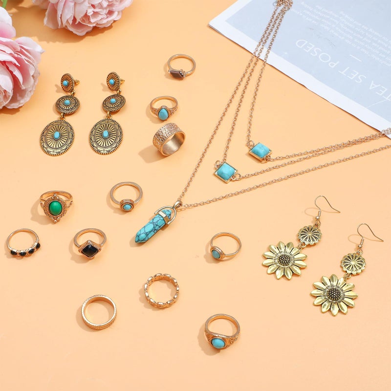 NEWITIN 21 Pieces Gold Bohemian Jewelry Set for Women Fashion Costume Jewels Turquoise Necklace Bracelet Ring Belt Chain Earrings Western Turquoise Jewelry Set for Women - Image 2