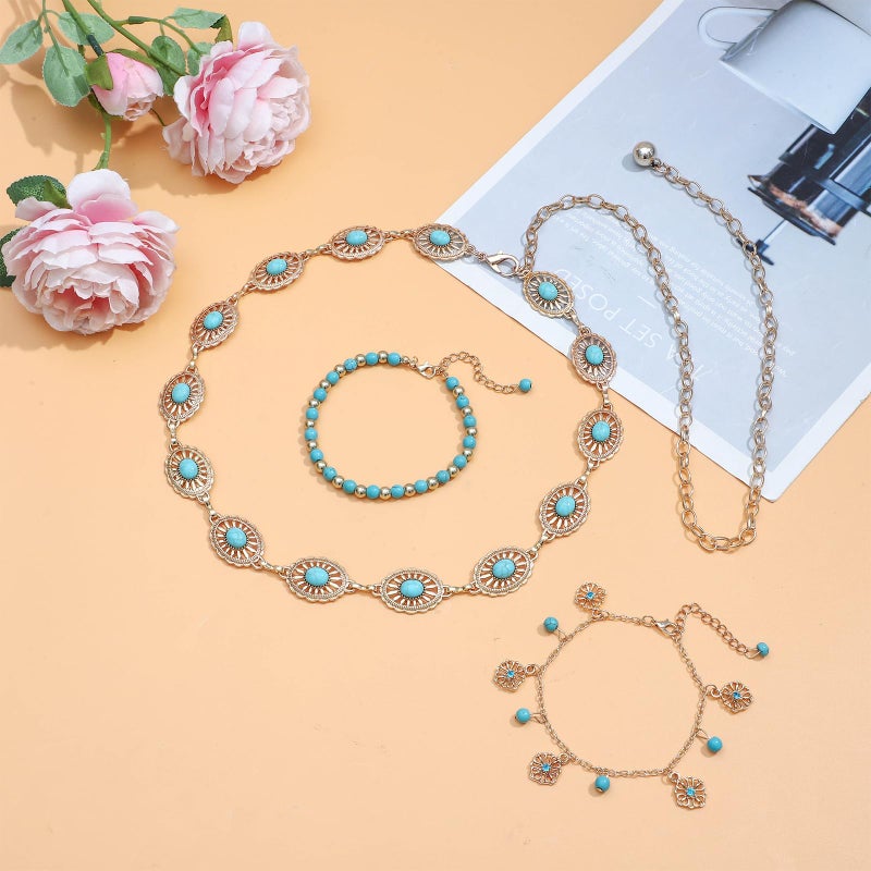 NEWITIN 21 Pieces Gold Bohemian Jewelry Set for Women Fashion Costume Jewels Turquoise Necklace Bracelet Ring Belt Chain Earrings Western Turquoise Jewelry Set for Women - Image 3