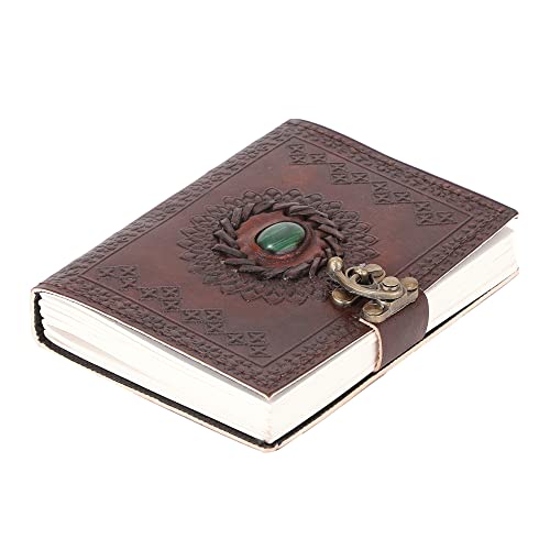 ALCRAFT Real Leather Green Stone Brown Embossed Handmade Diary with Metal Lock -Size of (H) 6*(L) 4.5 Brown - Image 1