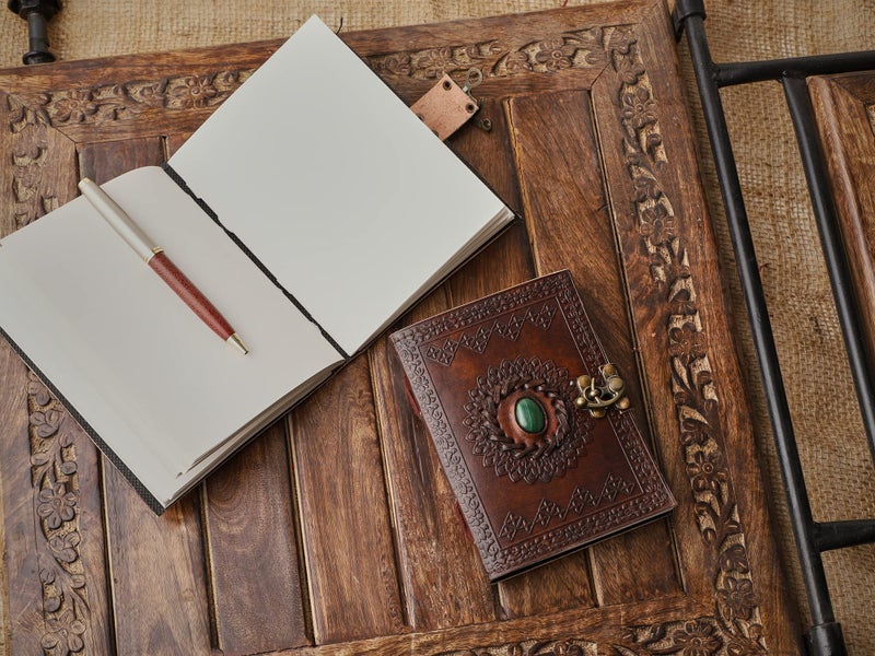 ALCRAFT Real Leather Green Stone Brown Embossed Handmade Diary with Metal Lock -Size of (H) 6*(L) 4.5 Brown - Image 2