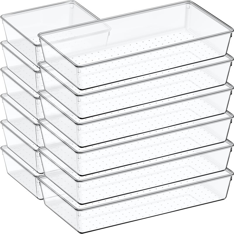 Criusia 12 Pack Large Clear Plastic Drawer Organizer Set  Acrylic Bathroom Organizer Vanity Trays Dividers  Kitchen Organizers And Storage  Non-Slip Storage Bins For Makeup  Snacks  Office  Desk  Fridge - Image 1
