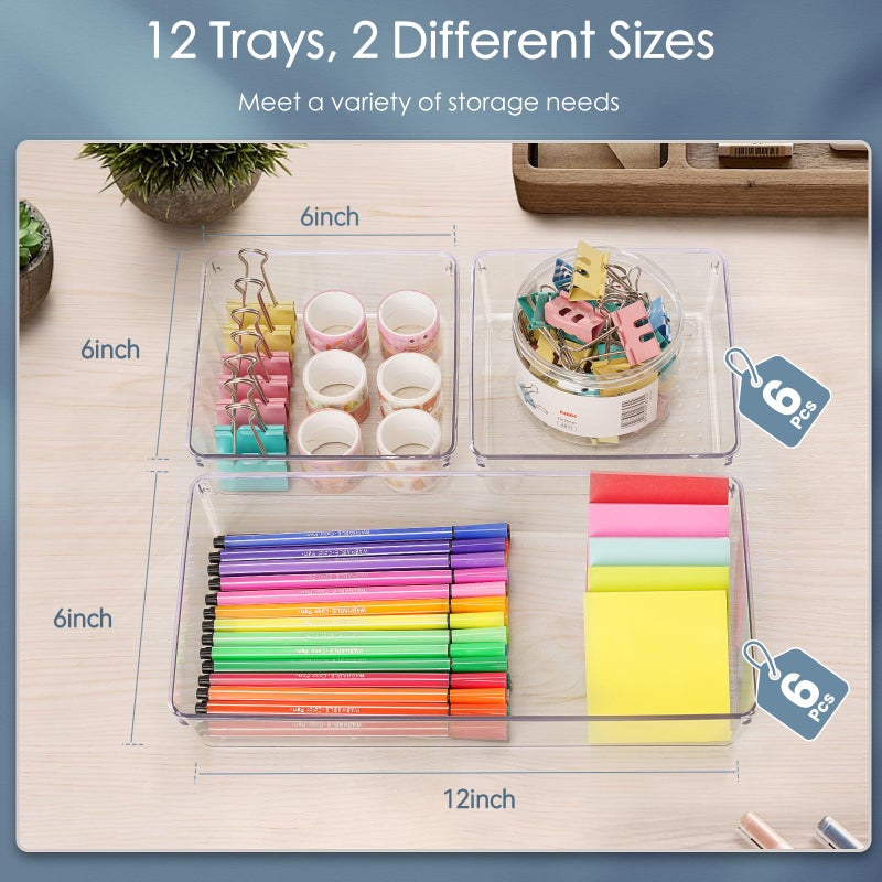 Criusia 12 Pack Large Clear Plastic Drawer Organizer Set  Acrylic Bathroom Organizer Vanity Trays Dividers  Kitchen Organizers And Storage  Non-Slip Storage Bins For Makeup  Snacks  Office  Desk  Fridge - Image 3