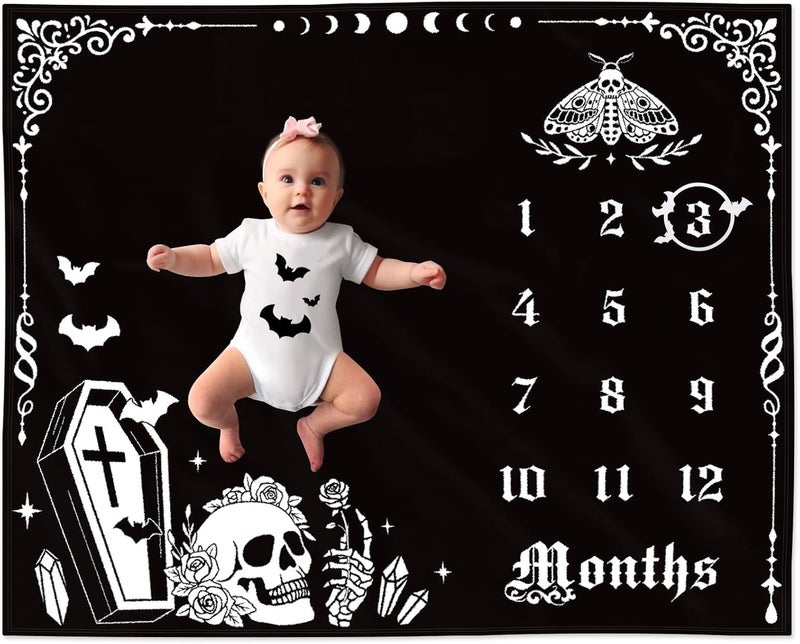 Gicoherero Gothic Baby Monthly Milestone Blanket Goth Girl Boy Baby Shower Growth Chart Photo Prop Stuff Background for Newborn Mom Moth Nursery Bat Halloween Decorations 40 X 50 - Image 1
