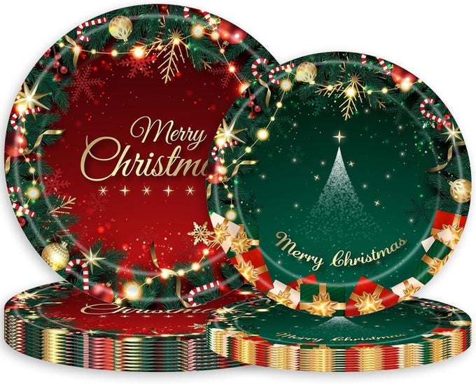 32PCS CHRISTMAS PAPER PLATES DISPOSABLE TABLEWARE SETCHRISTMAS TREE BELL DINNERWARE PLATES MERRY CHRISTMAS PRINT DESSERT PLATE FOR CHRISTMAS TABLE SUPPLIES