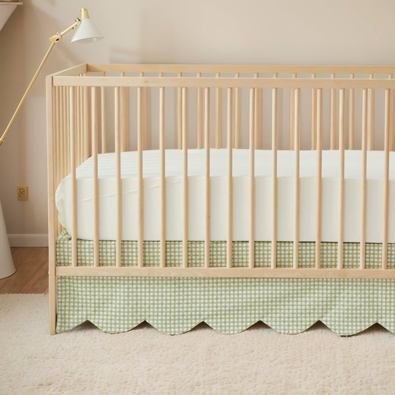 Brandream Scallop Edge Cotton Crib Skirt Baby Boy Girl Gender Neutral Crib Skirt Toddler Bedskirt Farmhouse Chic Nursery Crib Bed Skirt Boho Bohemian Green Gingham - Image 2