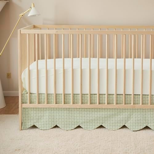 Brandream Scallop Edge Cotton Crib Skirt Baby Boy Girl Gender Neutral Crib Skirt Toddler Bedskirt Farmhouse Chic Nursery Crib Bed Skirt Boho Bohemian Green Gingham - Image 1