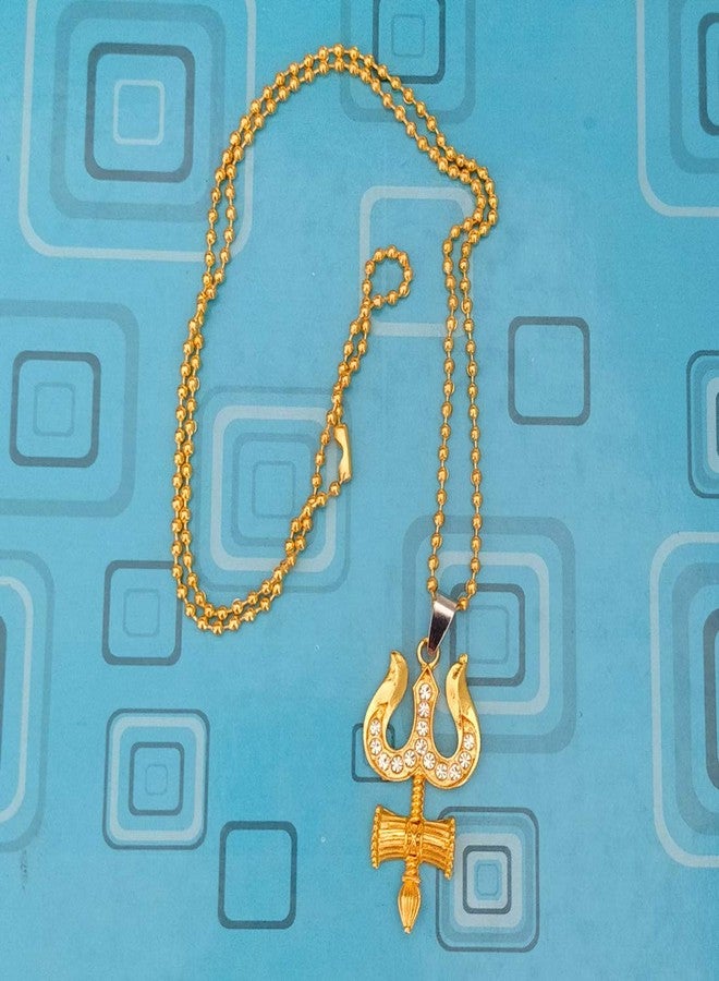 Sullery Religious Lord Shiva Trishul Damru Locket Gold Brass, Cubic Zirconium Crystal Pendant Necklace Chain for Men and Women - Image 2