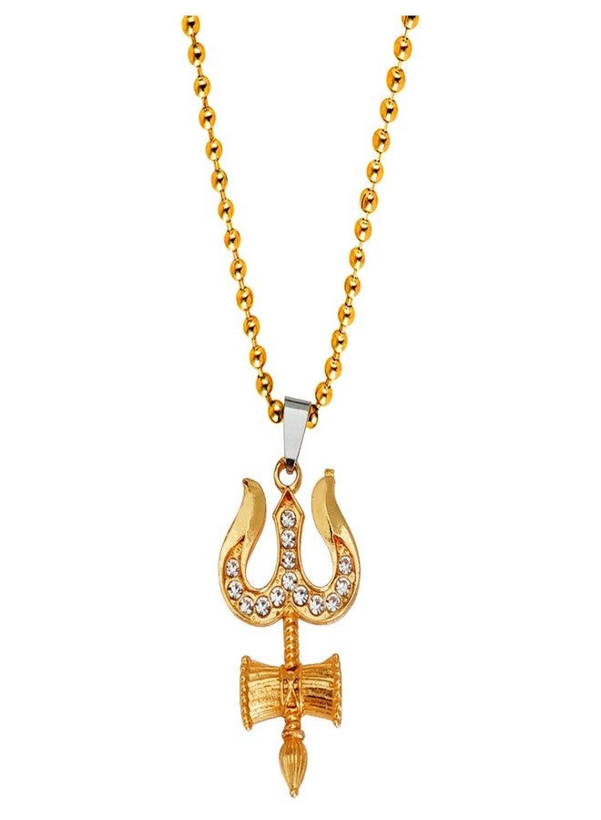 Sullery Religious Lord Shiva Trishul Damru Locket Gold Brass, Cubic Zirconium Crystal Pendant Necklace Chain for Men and Women - Image 1