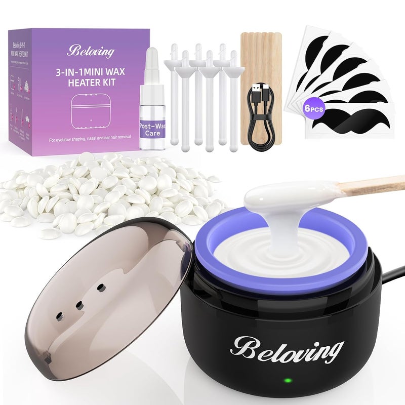 Nose Wax Kit Mini Wax Warmer Kit for Eyebrow Ear Hair Removal Portable Wax Melter Waxing Machine Kit with 50g Wax 6 Applicators 6 Nose Hair Sticks 6 Mustache Protectors for Women Men  Black