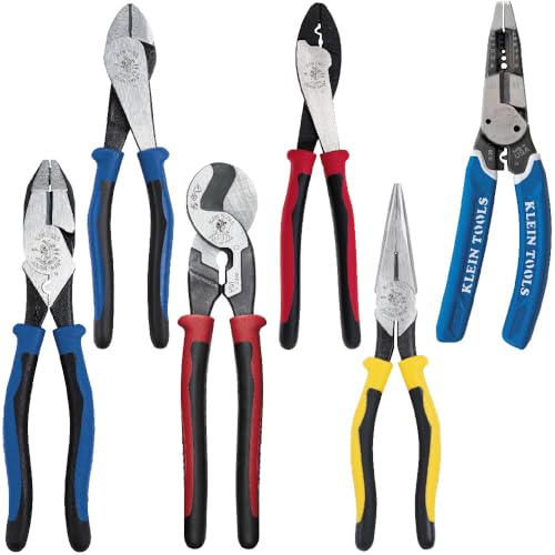 Klein Tools 80086 Journeyman Plier Kit Made in USA High Leverage Side Cutting Diagonal Long Nose Pliers to Strip Cut and Crimp Wire 6Piece