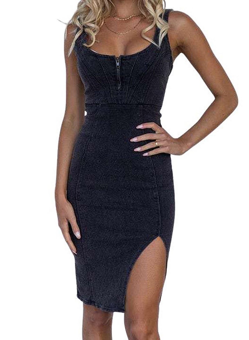 utcoco Denim Dress for Women Sleeveless Side Slit Bodycon Midi Jean Dresses for Women 2024 (Medium, Black) - Image 1
