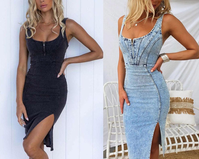 utcoco Denim Dress for Women Sleeveless Side Slit Bodycon Midi Jean Dresses for Women 2024 (Medium, Black) - Image 2