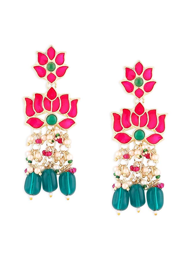 erorex Green Beads And Pink Meenakari Lotus Design Drop Earring For Women Zpfk15389 - Image 1