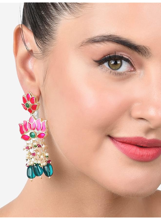 erorex Green Beads And Pink Meenakari Lotus Design Drop Earring For Women Zpfk15389 - Image 2