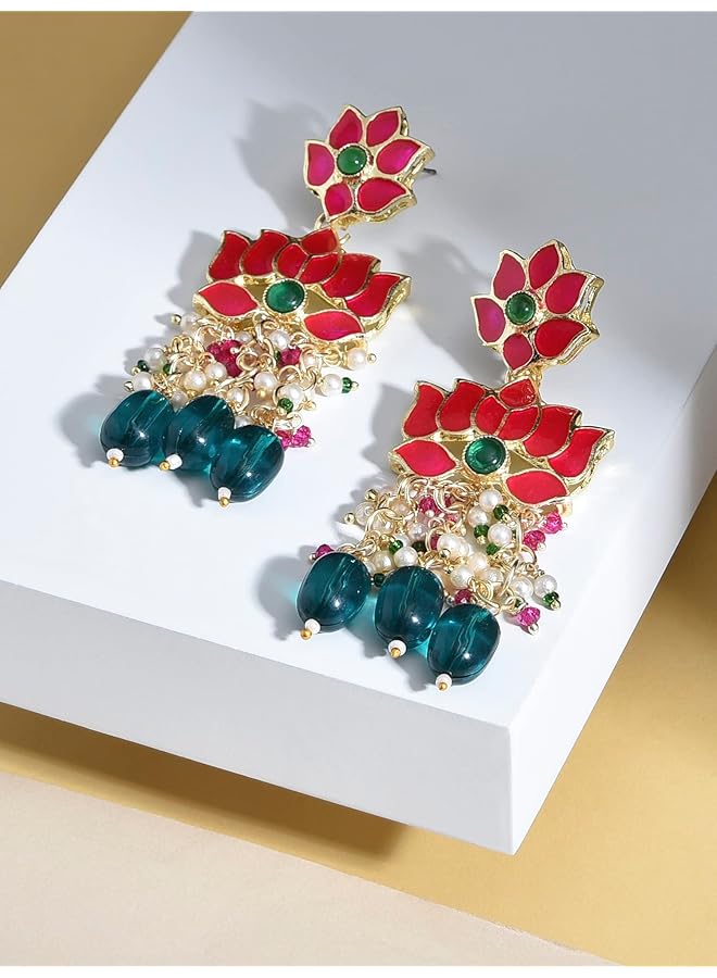 erorex Green Beads And Pink Meenakari Lotus Design Drop Earring For Women Zpfk15389 - Image 3