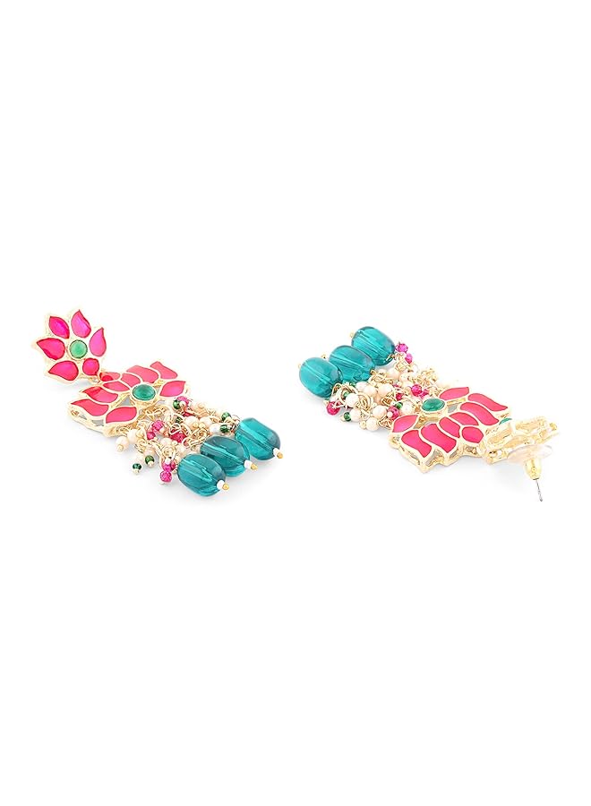 erorex Green Beads And Pink Meenakari Lotus Design Drop Earring For Women Zpfk15389 - Image 5