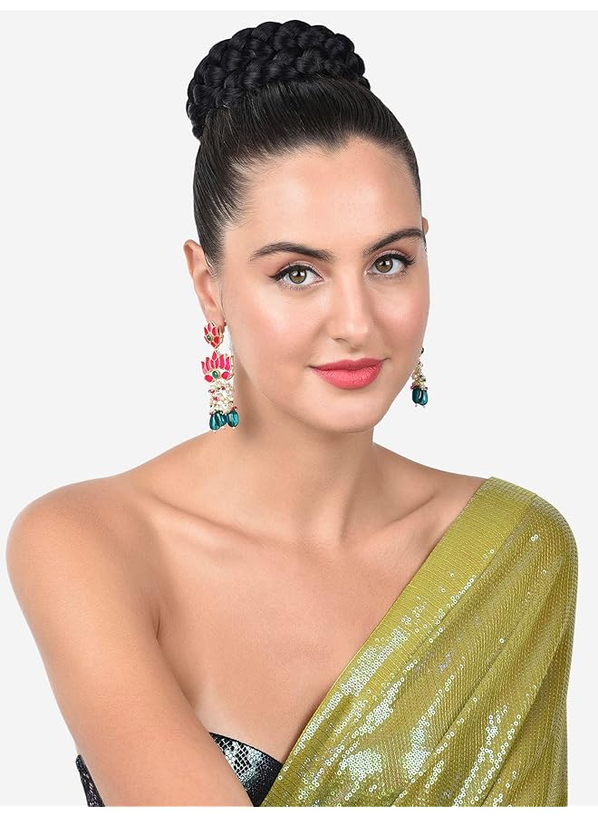 erorex Green Beads And Pink Meenakari Lotus Design Drop Earring For Women Zpfk15389 - Image 4
