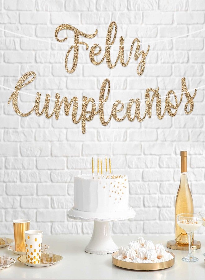 Perfect Occasion لافتة "عيد ميلاد سعيد" جاهزة للتعليق - لا تحتاج إلى تركيب - لافتة ذهبية لامعة لحفلة عيد ميلاد سعيد باللغة الإسبانية - زينة معلقة مسبقًا على خيوط بطول 6 أقدام - زينة ذهبية لحفلة عيد ميلاد - لا تحتاج إلى تركيب - Image 2