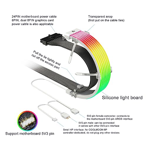 Zunate Power Supply Sleeved Cable, ARGB GPU Power Supply Cable, Customization 24 Pin ATX RGB Cable Extension Kit, 5V 3Pin Synchronized PSU Cable for RGB Software - Image 3