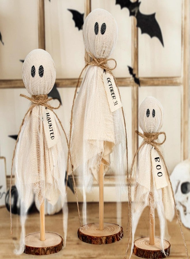 DAZONGE Halloween Decorations Indoor - Set of 3 Primitive Halloween Ghosts on Wooden Stand for Table Centerpieces, Shelves, and Mantels - Image 1