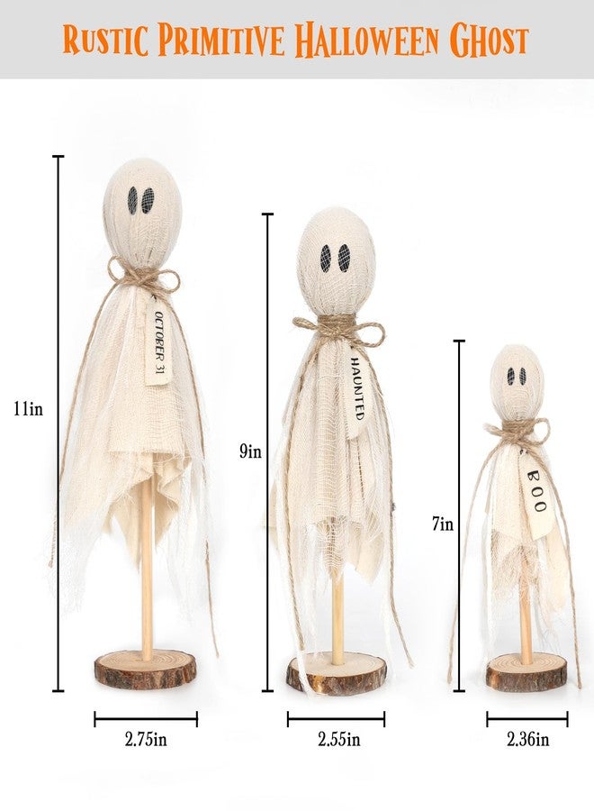 DAZONGE Halloween Decorations Indoor - Set of 3 Primitive Halloween Ghosts on Wooden Stand for Table Centerpieces, Shelves, and Mantels - Image 3
