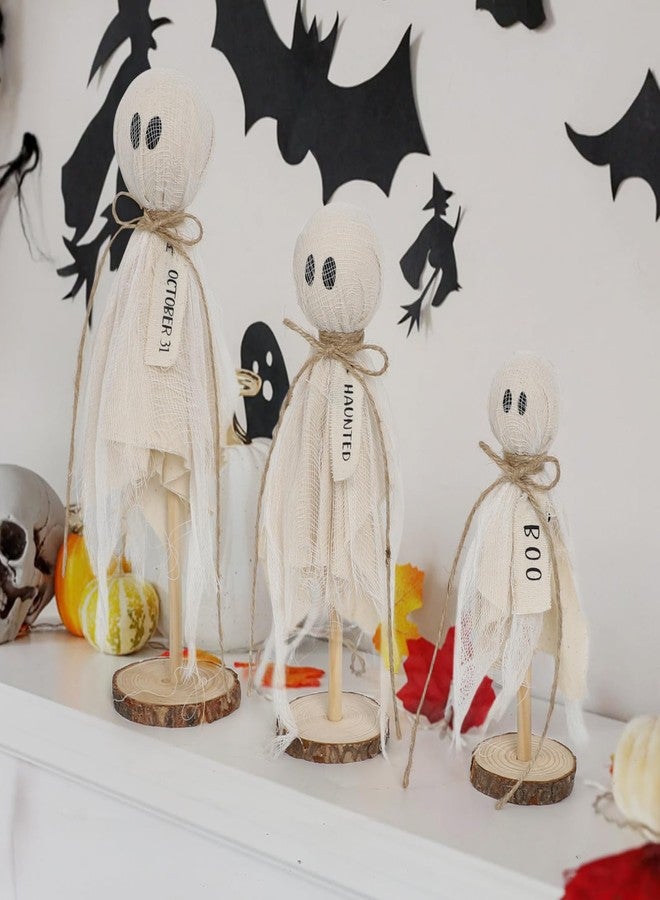 DAZONGE Halloween Decorations Indoor - Set of 3 Primitive Halloween Ghosts on Wooden Stand for Table Centerpieces, Shelves, and Mantels - Image 2