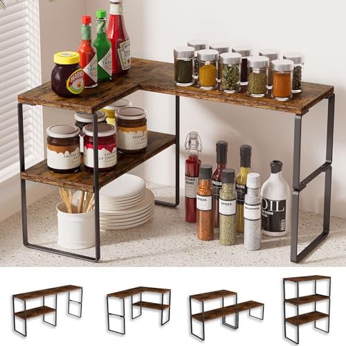 Golener Countertop Organizer Corner Shelf 2Tier Adjustable Stackable Corner Shelves for Kitchen Spice Rack Coffee Area Over Sink Bathroom Dresser Table Corner Counter Shelf Stand Rustic Brown - Image 1