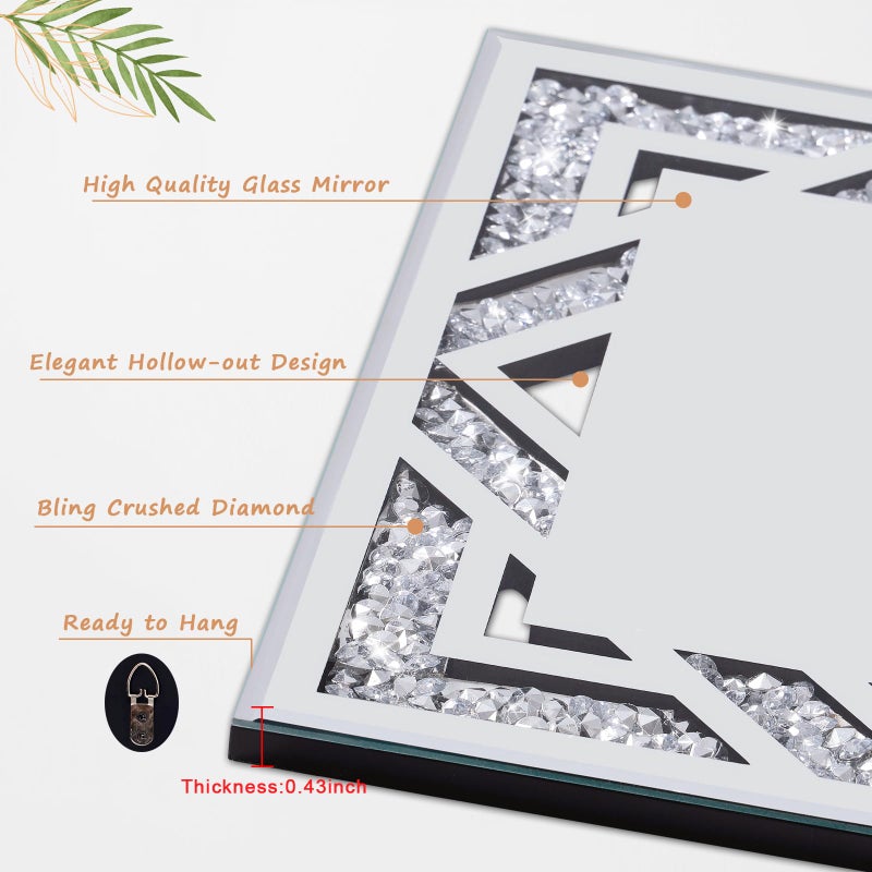 WALTSOM 2 Piece Square Hollow Crushed Diamond Decorative Mirror, Silver Crushed Diamond Mirror Decor Wall for Living Room Bedroom Bathroom (12â€x12â€) - Image 2