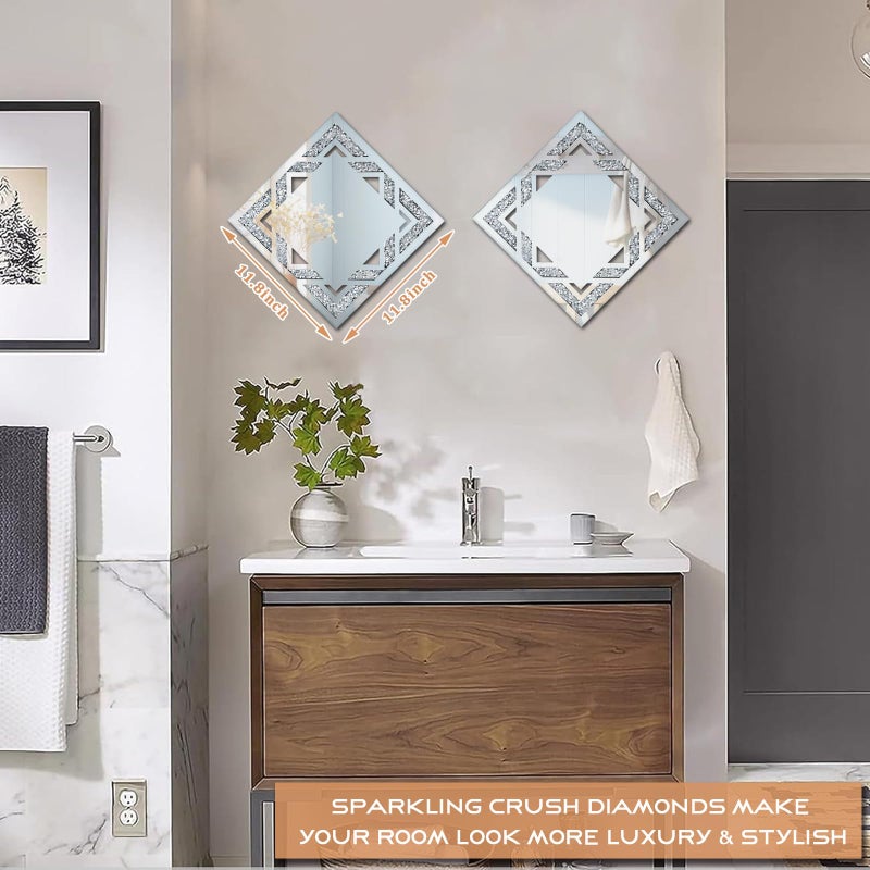 WALTSOM 2 Piece Square Hollow Crushed Diamond Decorative Mirror, Silver Crushed Diamond Mirror Decor Wall for Living Room Bedroom Bathroom (12â€x12â€) - Image 5