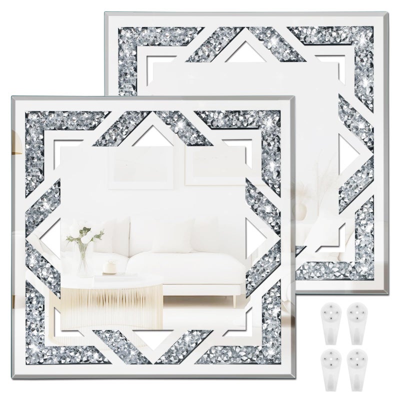 WALTSOM 2 Piece Square Hollow Crushed Diamond Decorative Mirror, Silver Crushed Diamond Mirror Decor Wall for Living Room Bedroom Bathroom (12â€x12â€) - Image 1