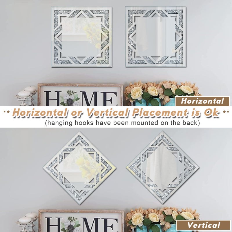 WALTSOM 2 Piece Square Hollow Crushed Diamond Decorative Mirror, Silver Crushed Diamond Mirror Decor Wall for Living Room Bedroom Bathroom (12â€x12â€) - Image 4