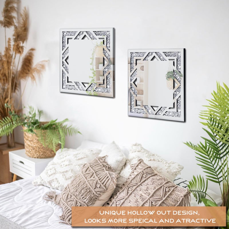 WALTSOM 2 Piece Square Hollow Crushed Diamond Decorative Mirror, Silver Crushed Diamond Mirror Decor Wall for Living Room Bedroom Bathroom (12â€x12â€) - Image 3