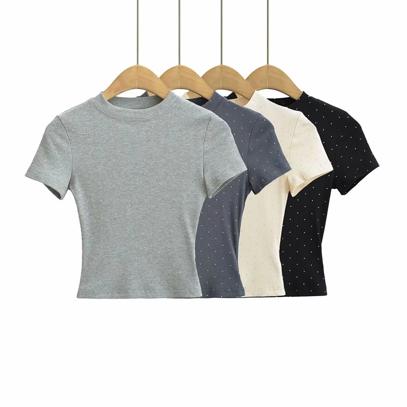 Korean Style Ins Niche Design Fashionable Drilling Short-Sleeved T-Shirt Fashionable Western Style Age-Reducing Solid Color Short Top For Women - Image 2