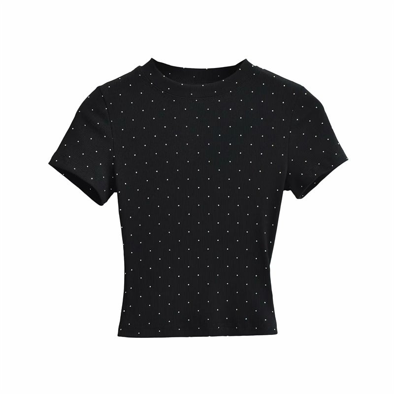 Korean Style Ins Niche Design Fashionable Drilling Short-Sleeved T-Shirt Fashionable Western Style Age-Reducing Solid Color Short Top For Women - Image 4