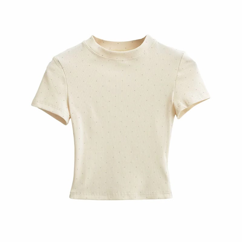 Korean Style Ins Niche Design Fashionable Drilling Short-Sleeved T-Shirt Fashionable Western Style Age-Reducing Solid Color Short Top For Women - Image 3