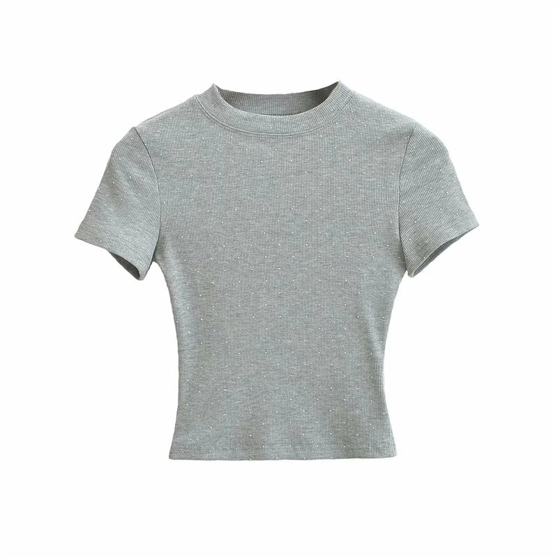 Korean Style Ins Niche Design Fashionable Drilling Short-Sleeved T-Shirt Fashionable Western Style Age-Reducing Solid Color Short Top For Women - Image 1