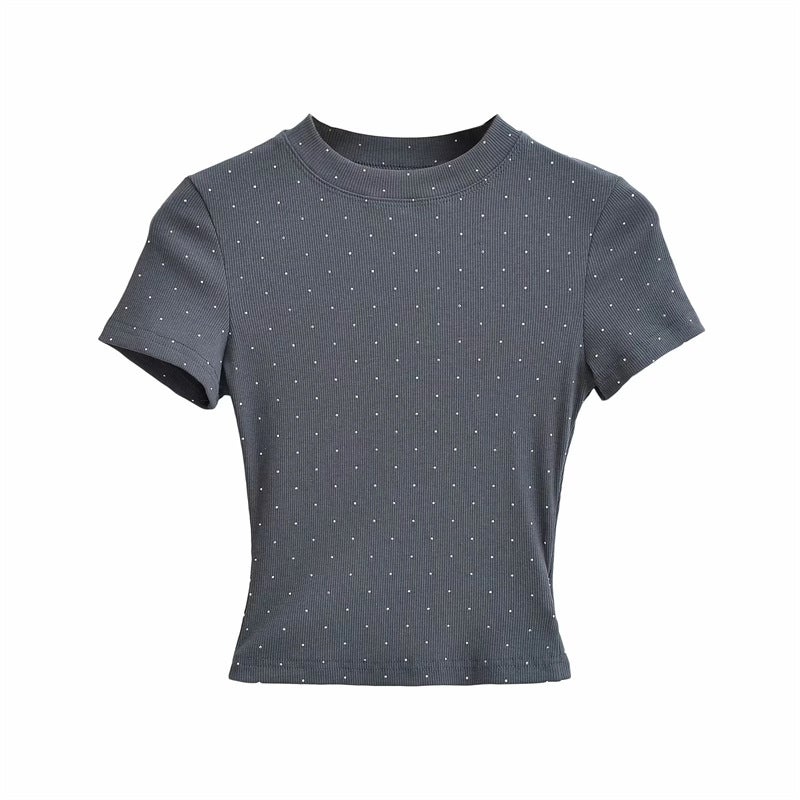 Korean Style Ins Niche Design Fashionable Drilling Short-Sleeved T-Shirt Fashionable Western Style Age-Reducing Solid Color Short Top For Women - Image 5