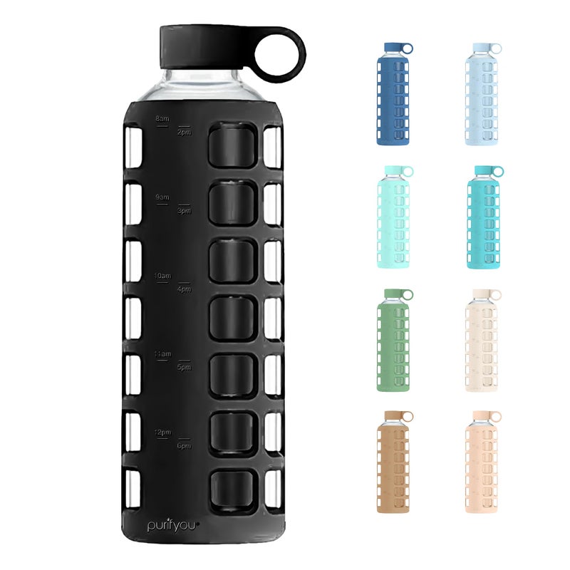 purifyou 40oz 32oz 22oz 12oz Borosilicate Glass Water Bottle with Time Volume Markers Silicone Sleeve Stainless Steel Lid Reusable Glass Bottle for Water Juice 40oz Jet Black - Image 2
