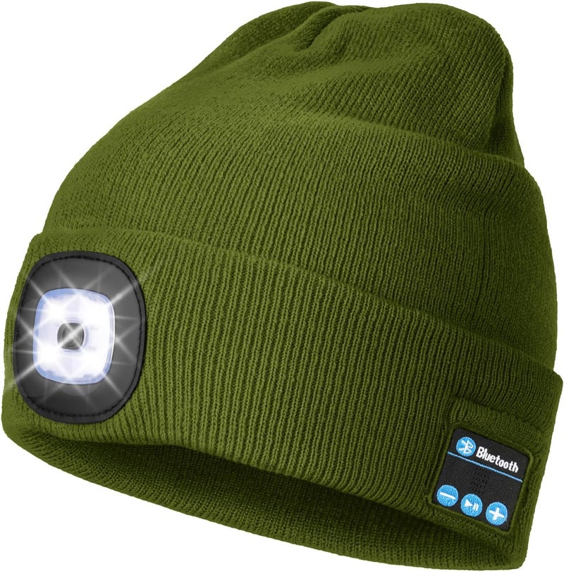 Wmcaps Bluetooth Beanie with a Light, Unisex USB Rechargeable 4 LED Fashlight Hat with Cordless Headphones, Unique Christmas Birthday Gifts for Men Him Husband Teen Green - Image 1