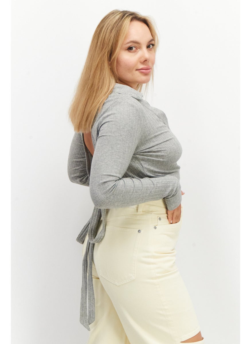 SkyLar Rose Women V-Neck  long Sleeve Textured Crop Top, Grey  - Image 3